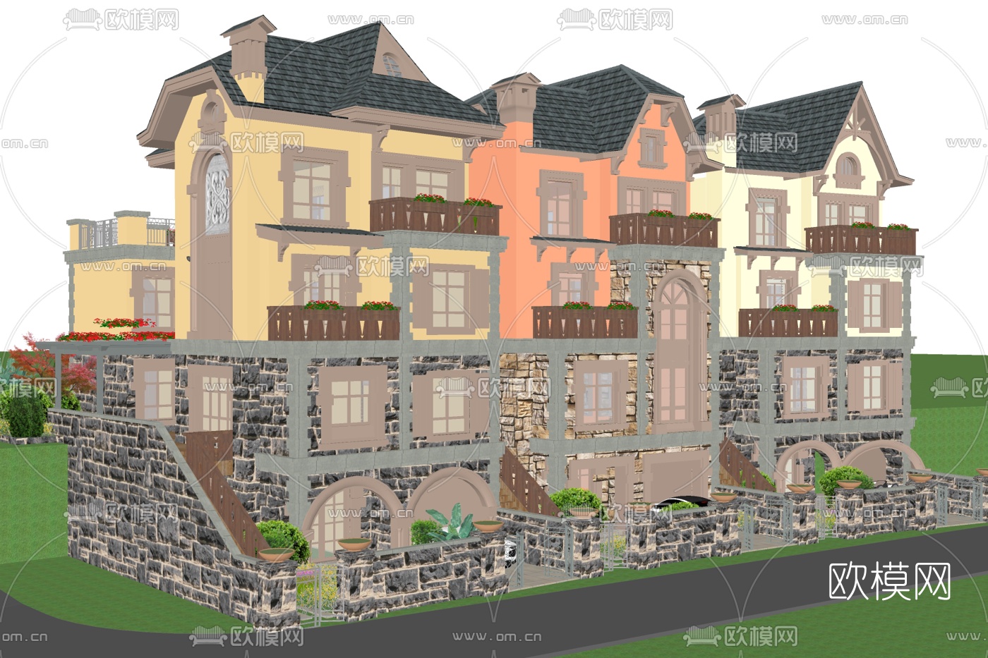 欧式连排别墅su模型下载