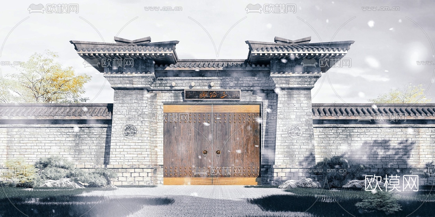 中式古建围墙大门门头3d模型下载