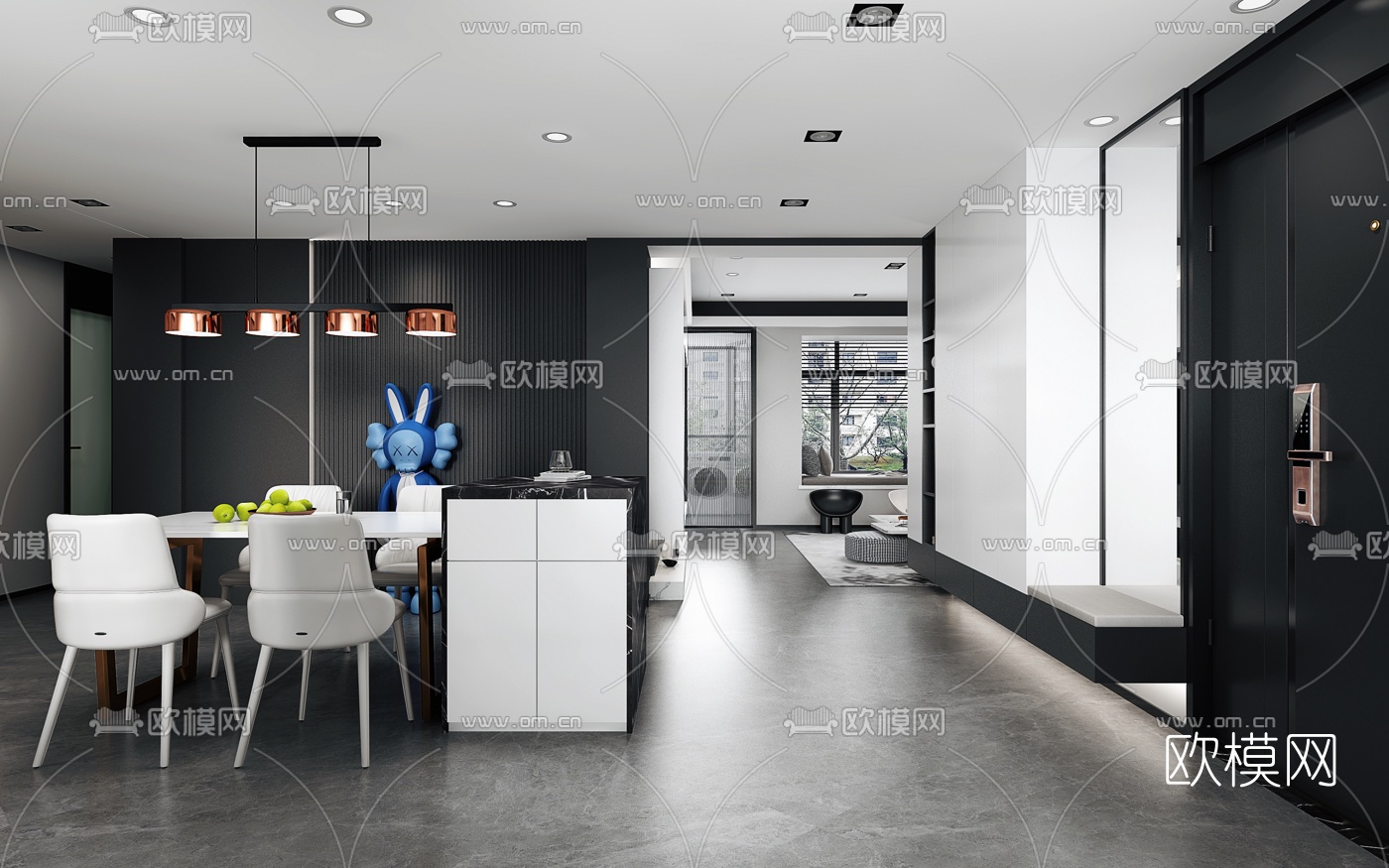 现代高级灰客厅餐厅3d模型下载（渲染图2）