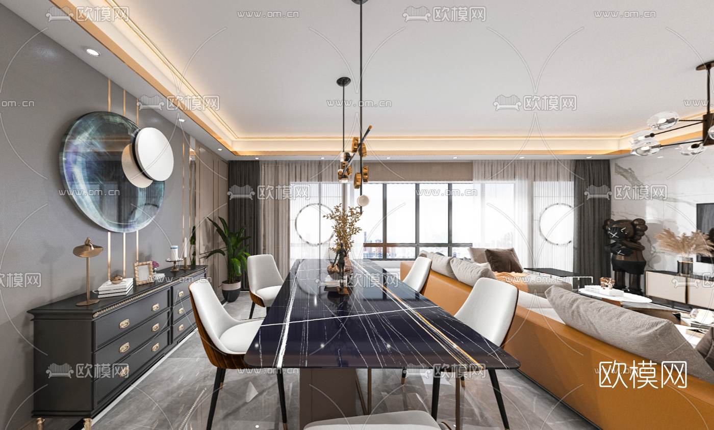 现代轻奢客厅餐厅vr全景3d模型