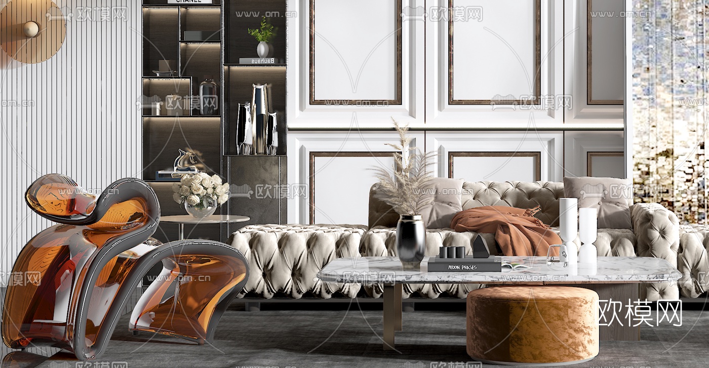 欧式布艺多人沙发组合3d模型下载（渲染图3）
