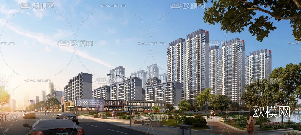 现代傍晚商业街su模型下载（渲染图5）