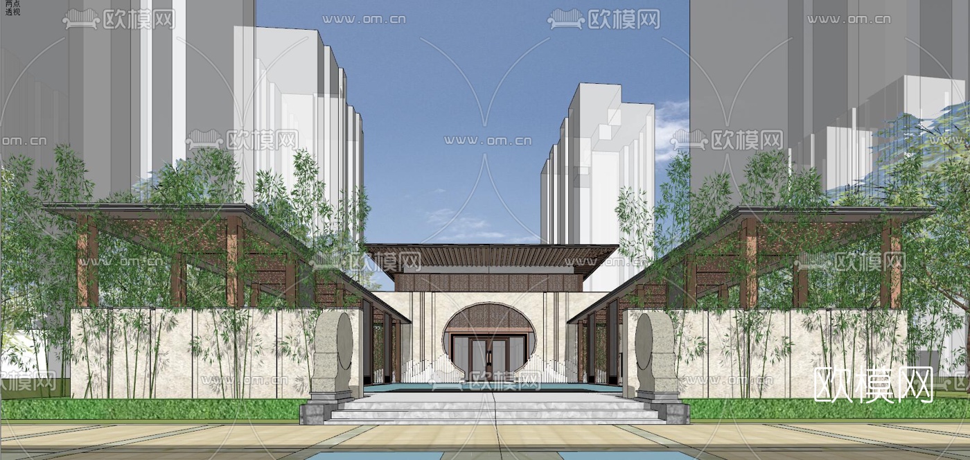 新中式售楼处su模型下载（渲染图1）