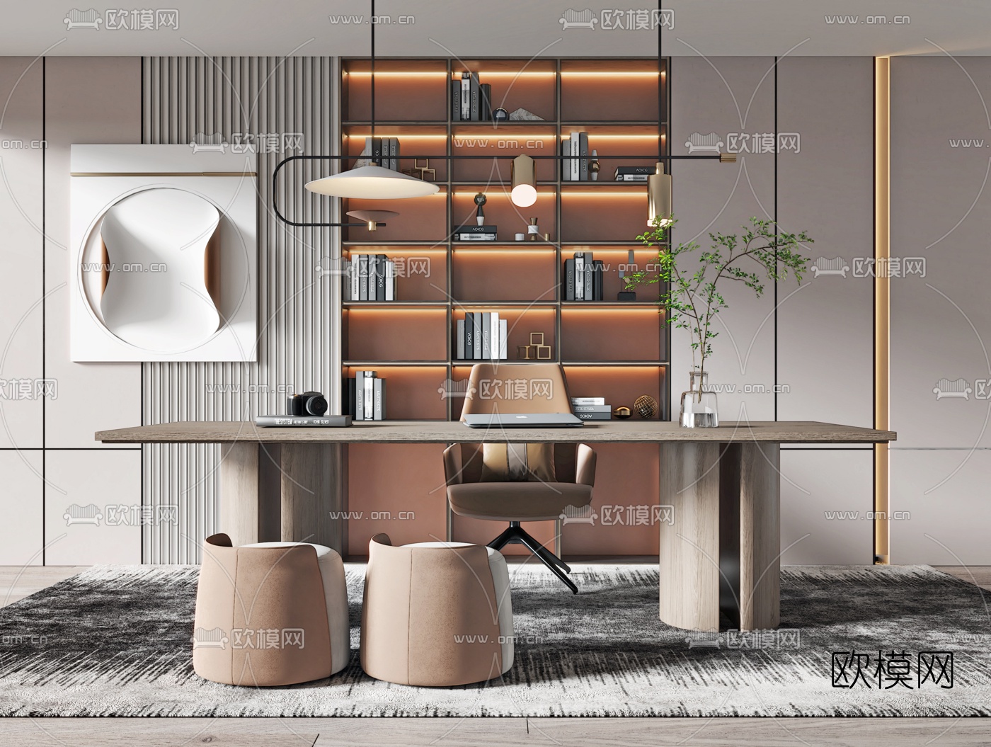 现代书房su模型下载