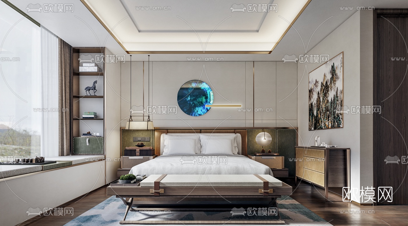 新中式客房标间3d模型-免费3dmax模型库-欧模网