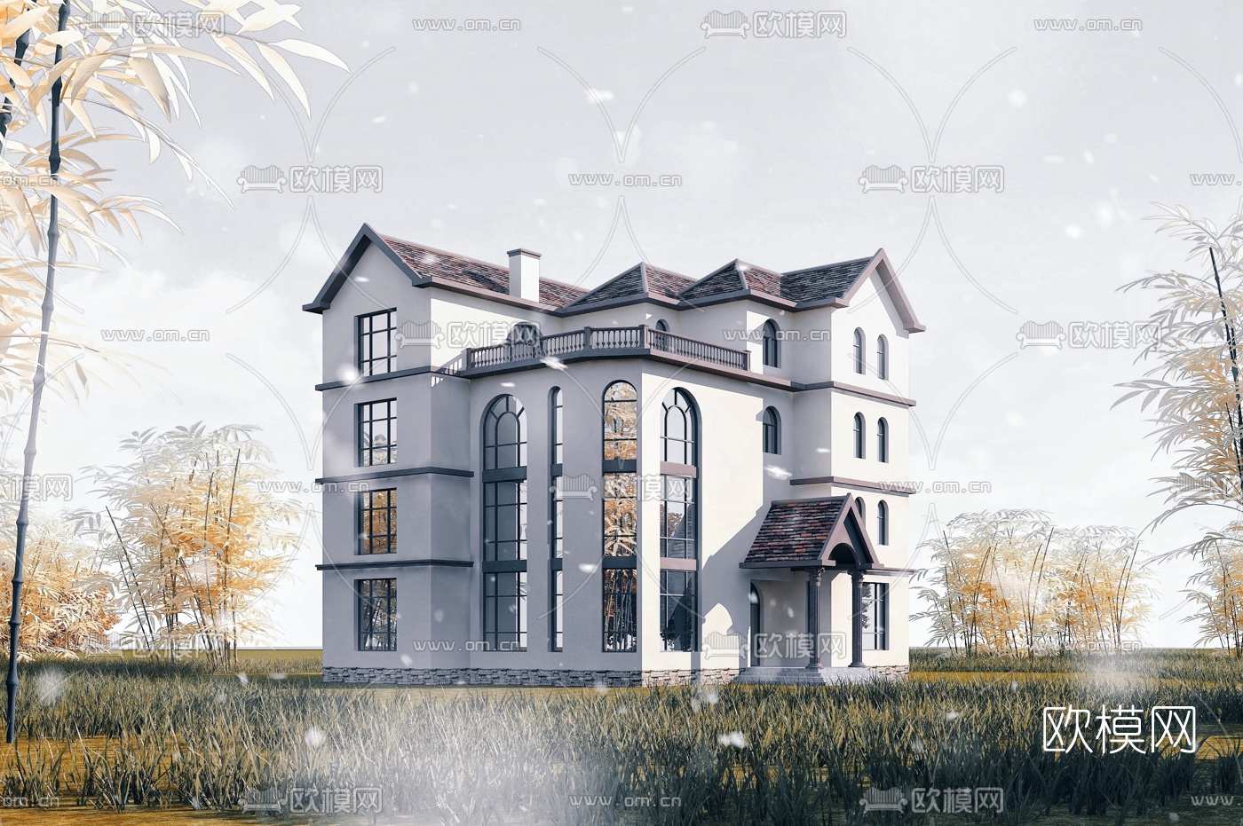 美式独栋别墅外观3d模型下载