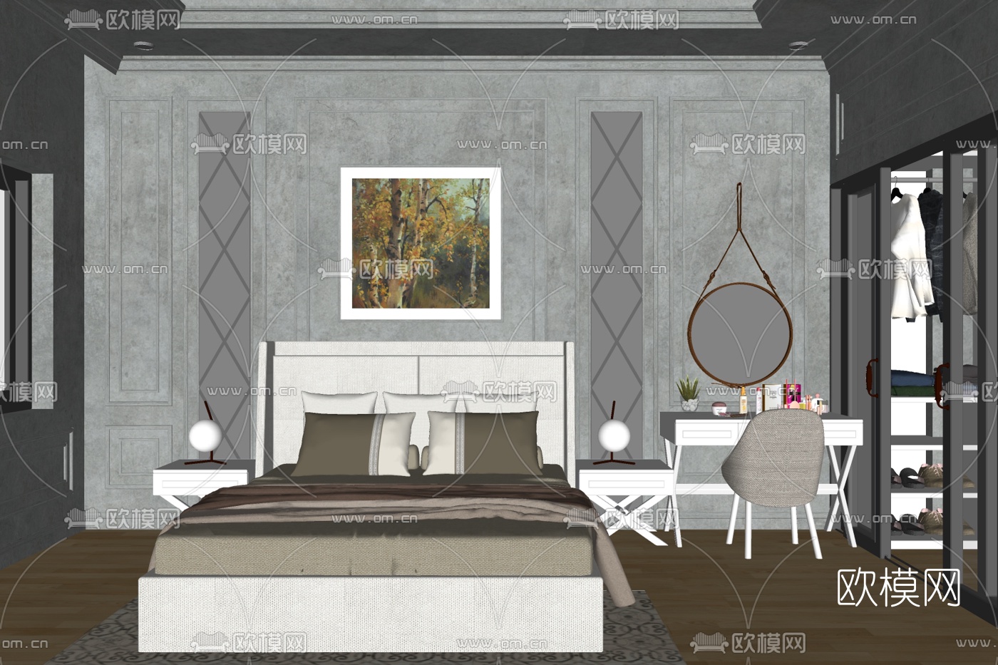 现代布艺双人床su模型下载