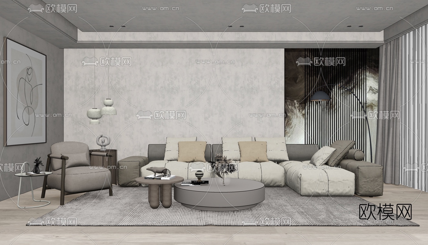 现代布艺组合沙发su模型下载（渲染图2）