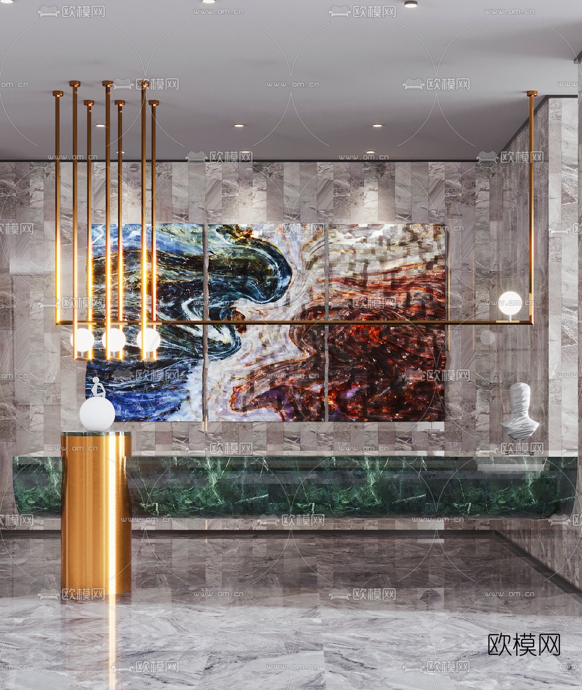 现代轻奢前台大堂3d模型下载（渲染图2）