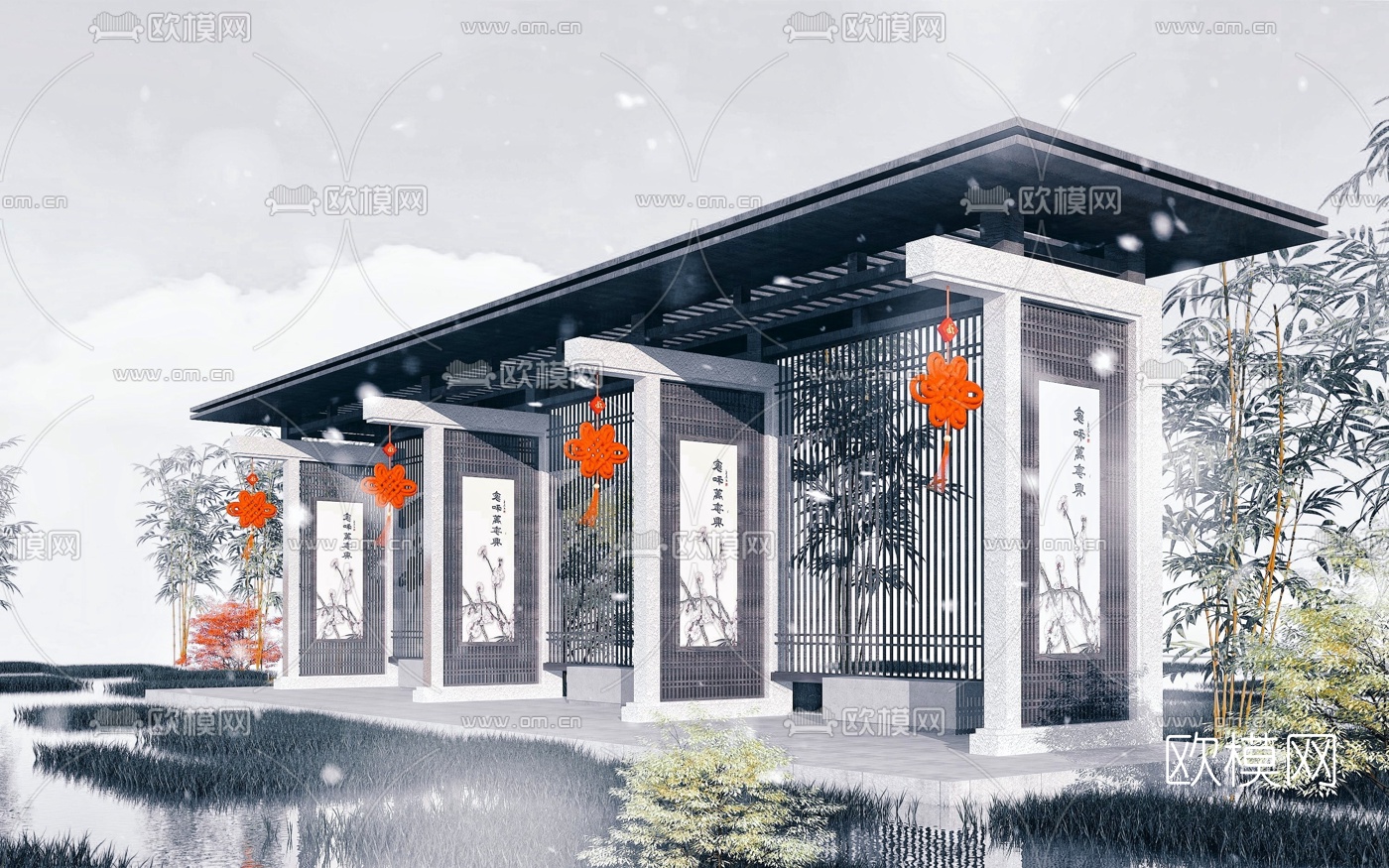 新中式休闲长廊3d模型下载