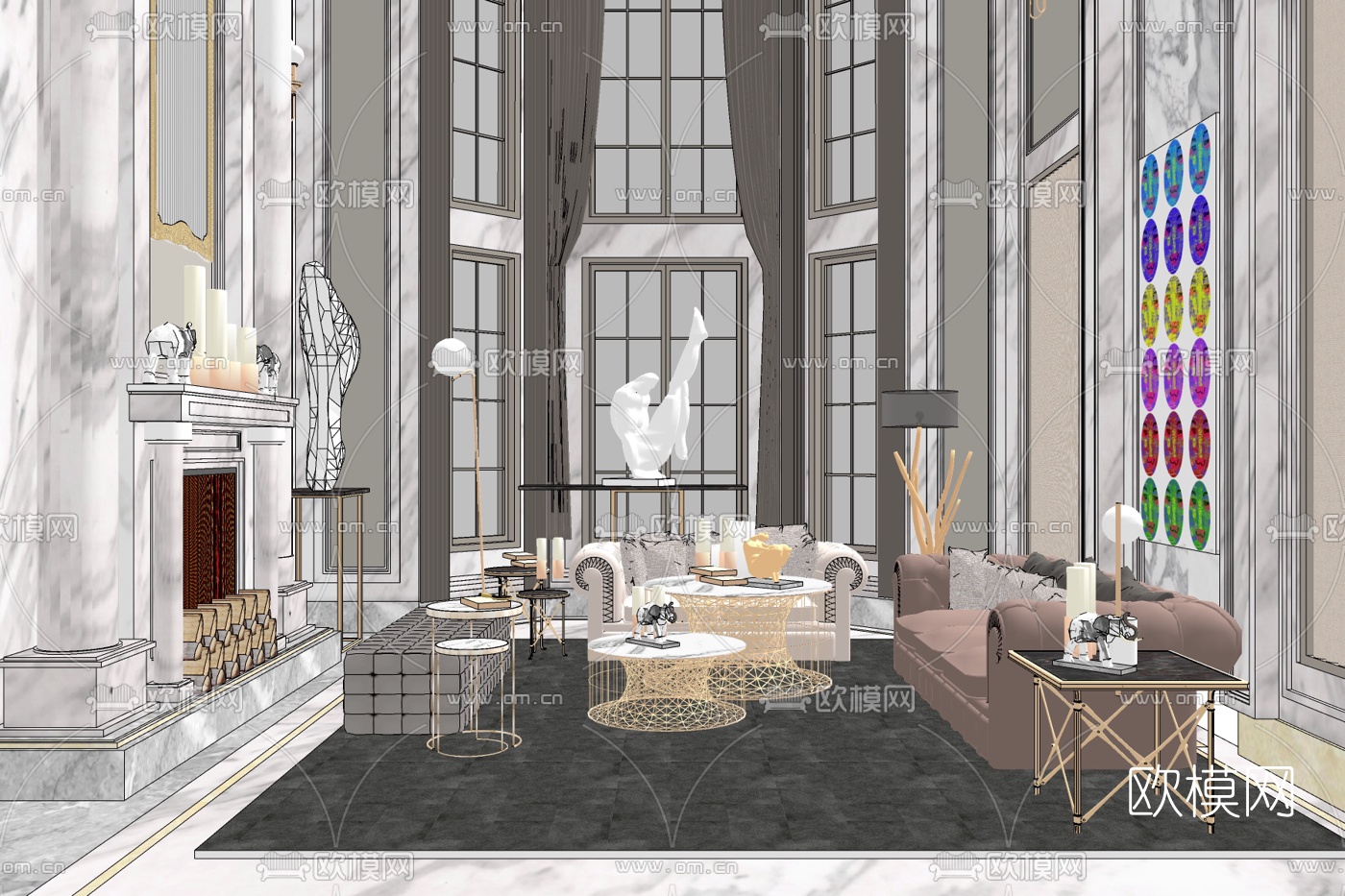 欧式别墅大堂免费su模型下载