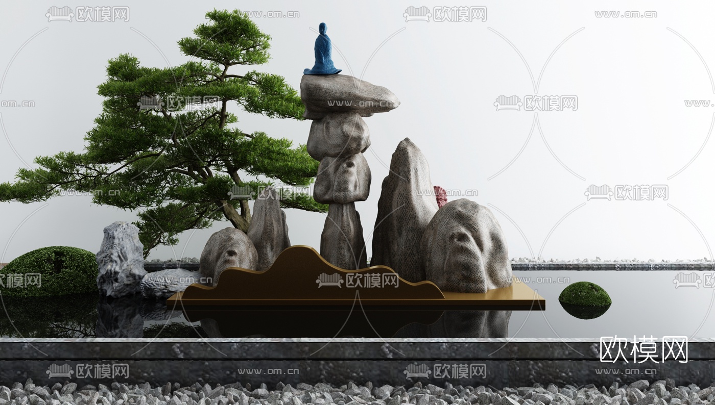 新中式假山景观小品3d模型下载