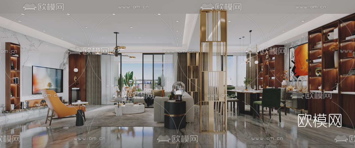 现代轻奢客厅餐厅3d模型下载（渲染图2）
