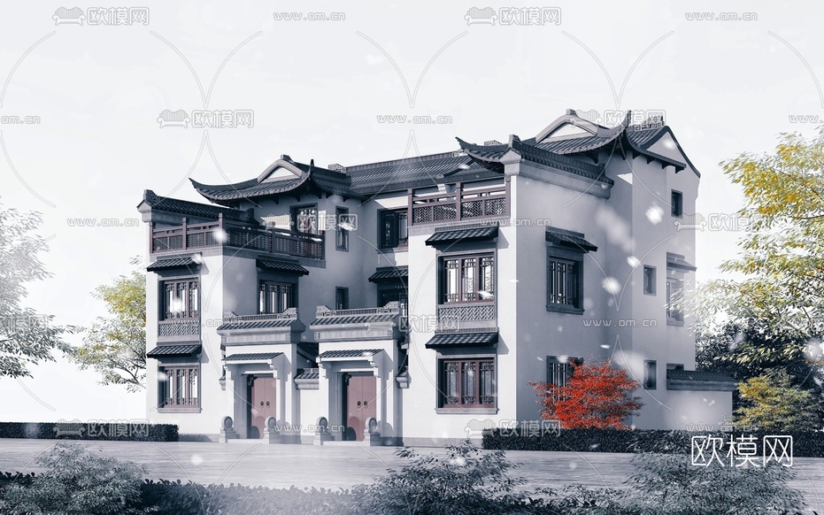 新中式四合院别墅建筑外观3d模型下载