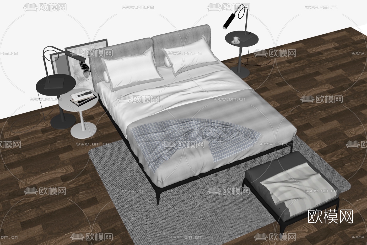 现代布艺双人床su模型下载