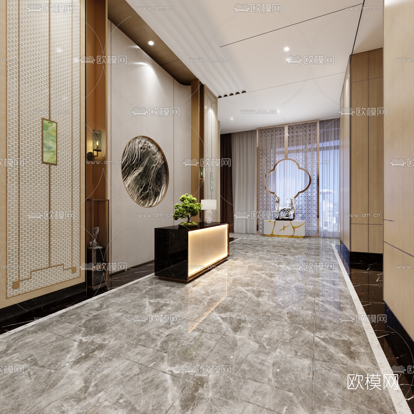 新中式酒店会所电梯厅3d模型下载（渲染图3）