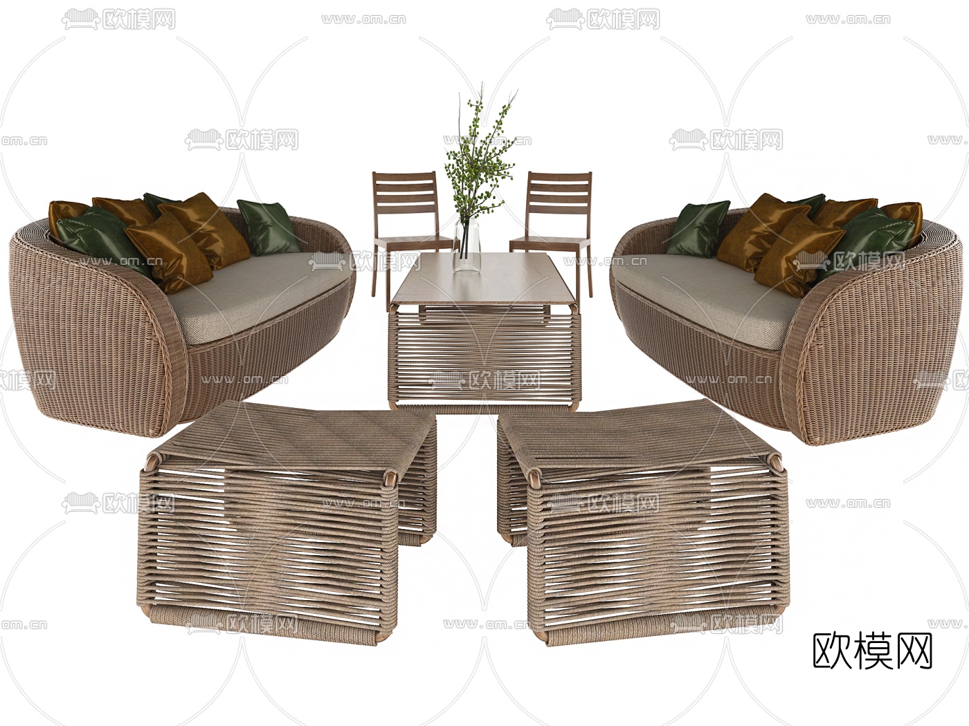 自然风藤编户外沙发组合3d模型下载