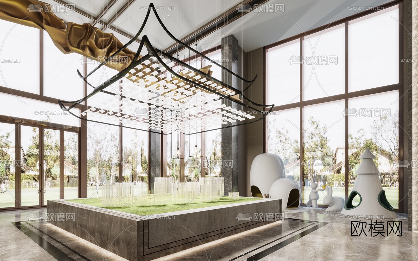 新中式售楼处沙盘区3d模型下载（渲染图2）