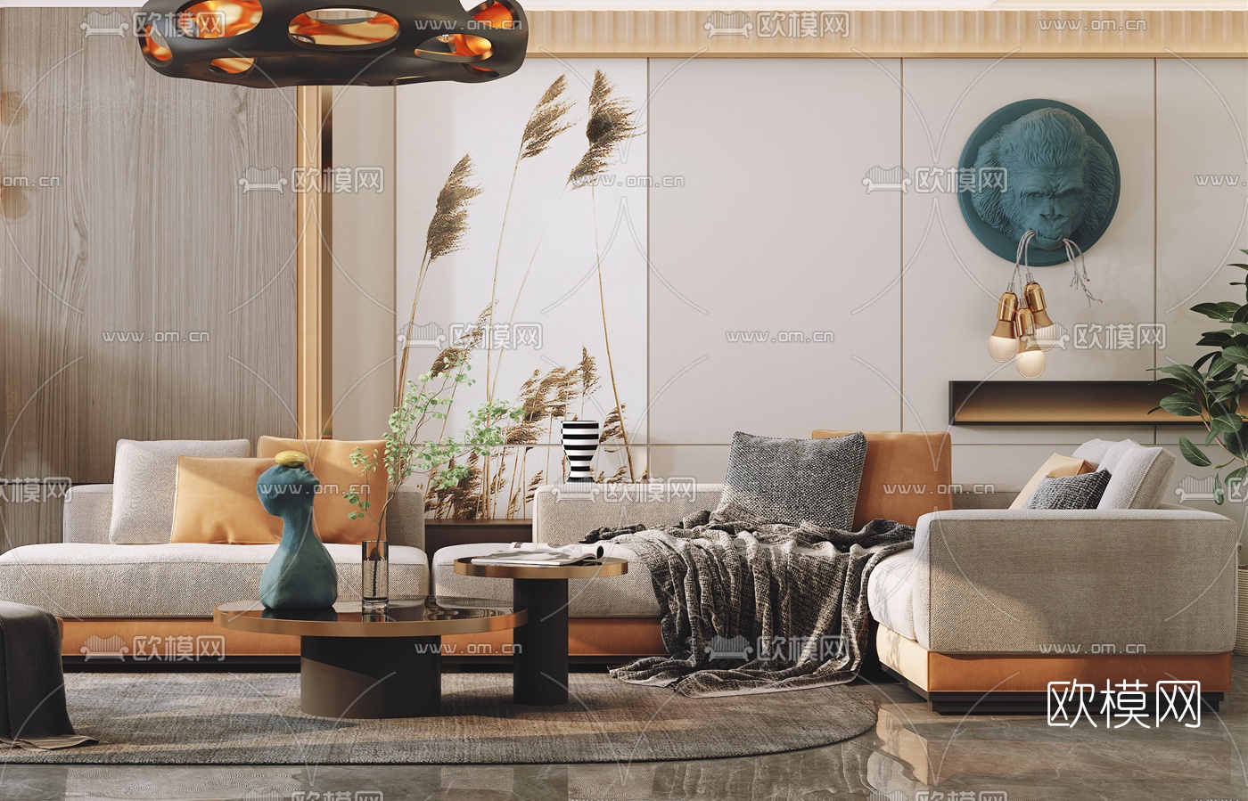 现代布艺转角沙发组合3d模型下载（渲染图3）