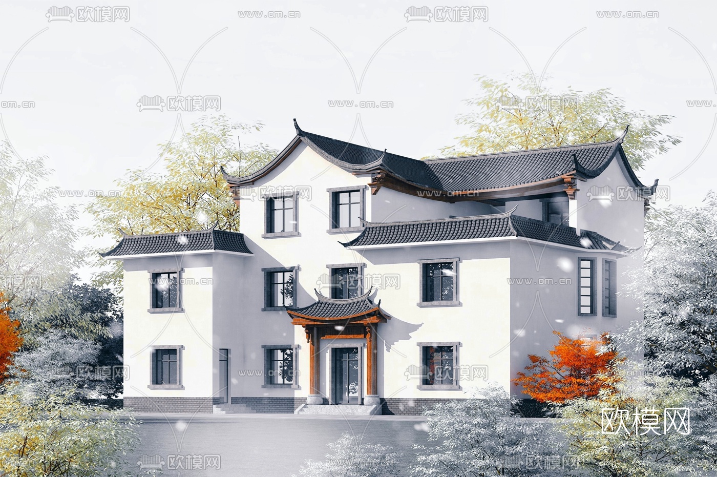 中式独栋别墅外观3d模型下载