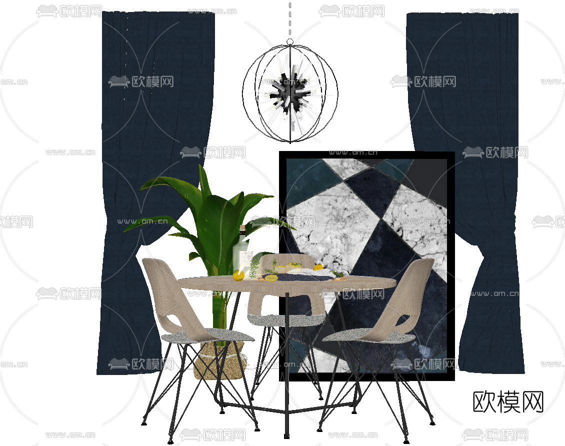 北欧圆形餐桌椅su模型下载