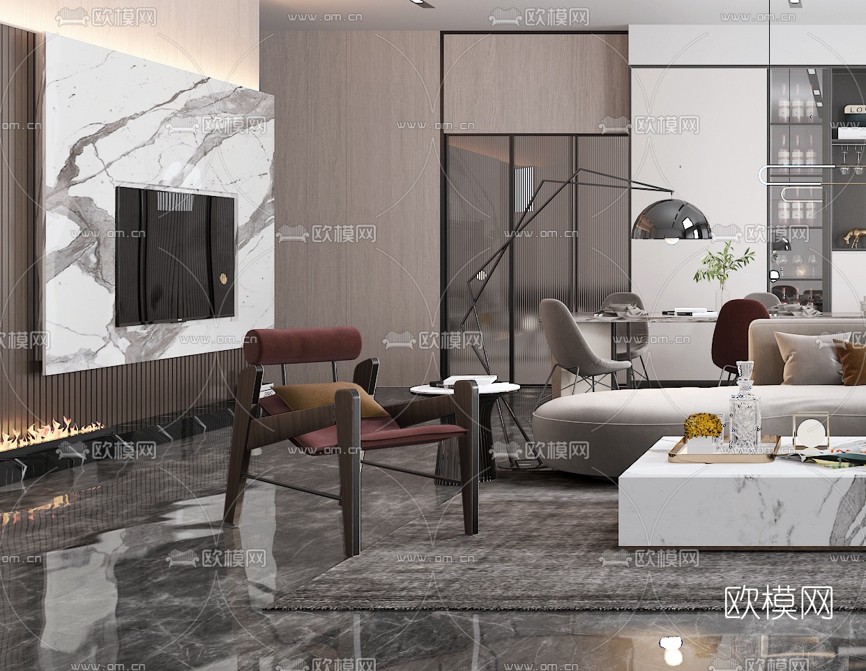 现代客厅餐厅3d模型下载（渲染图3）