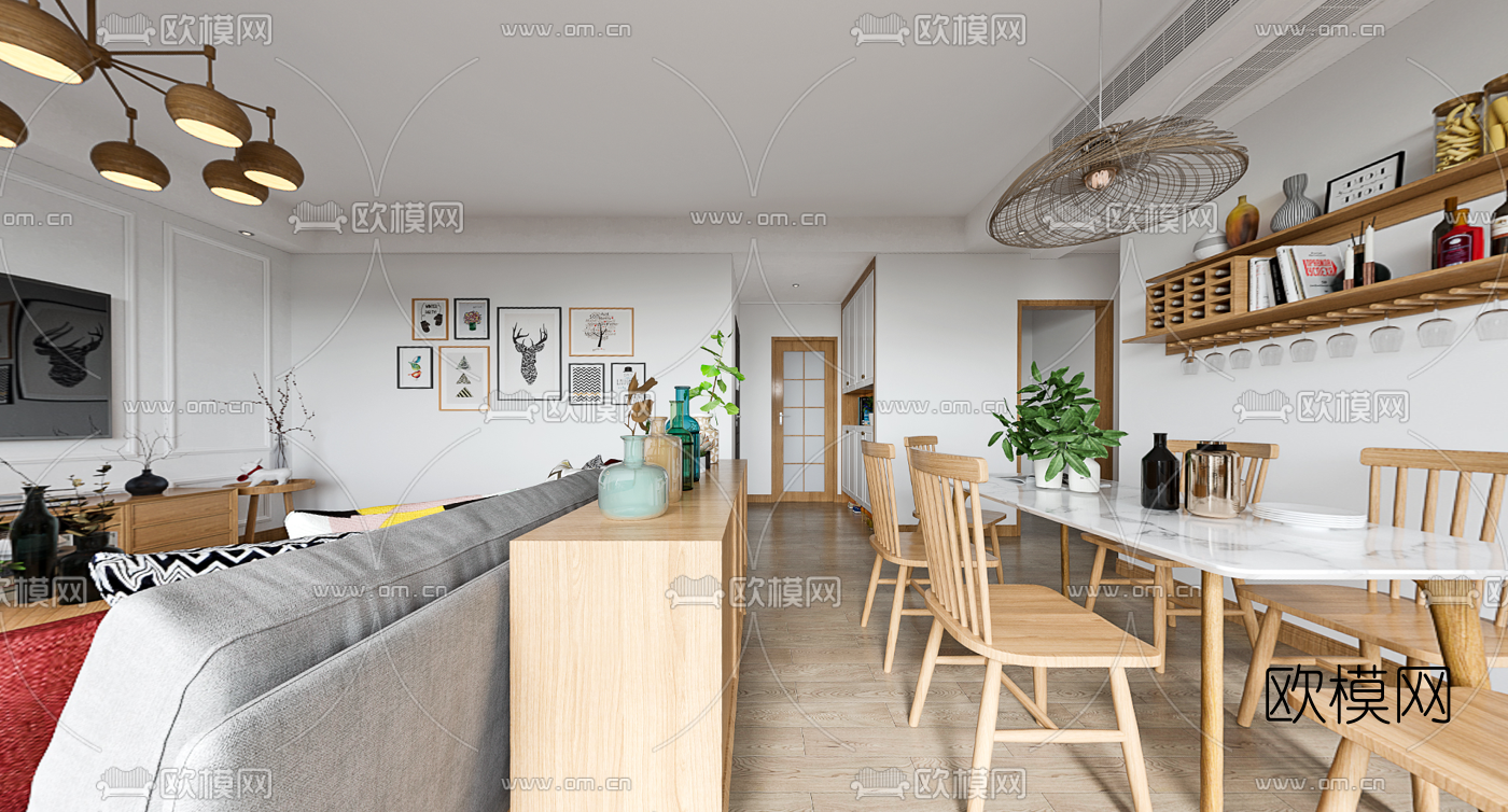 北欧客厅餐厅cr全景3d模型