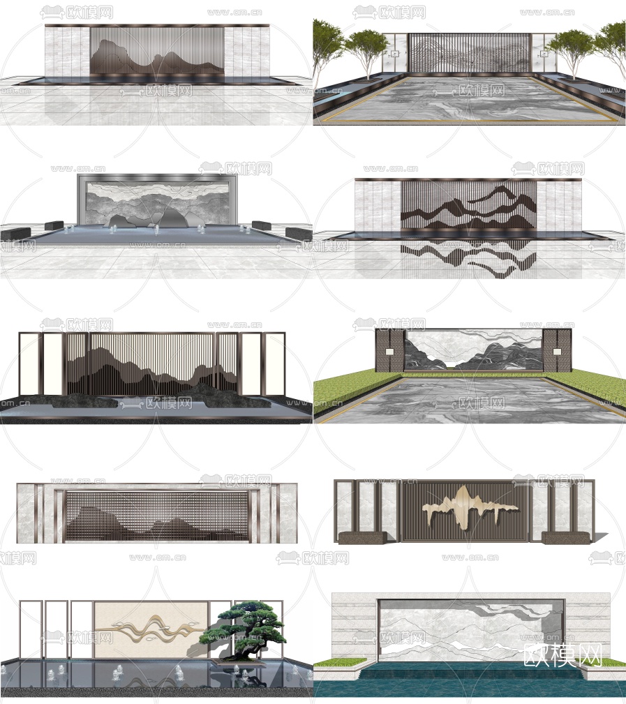 新中式禅意山水景观墙su模型下载