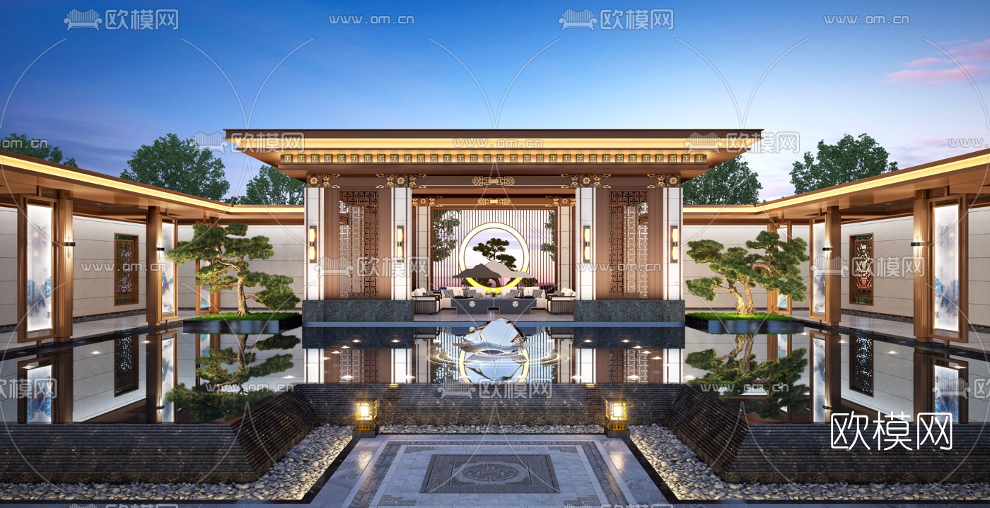 新中式庭院凉亭夜景3d模型下载