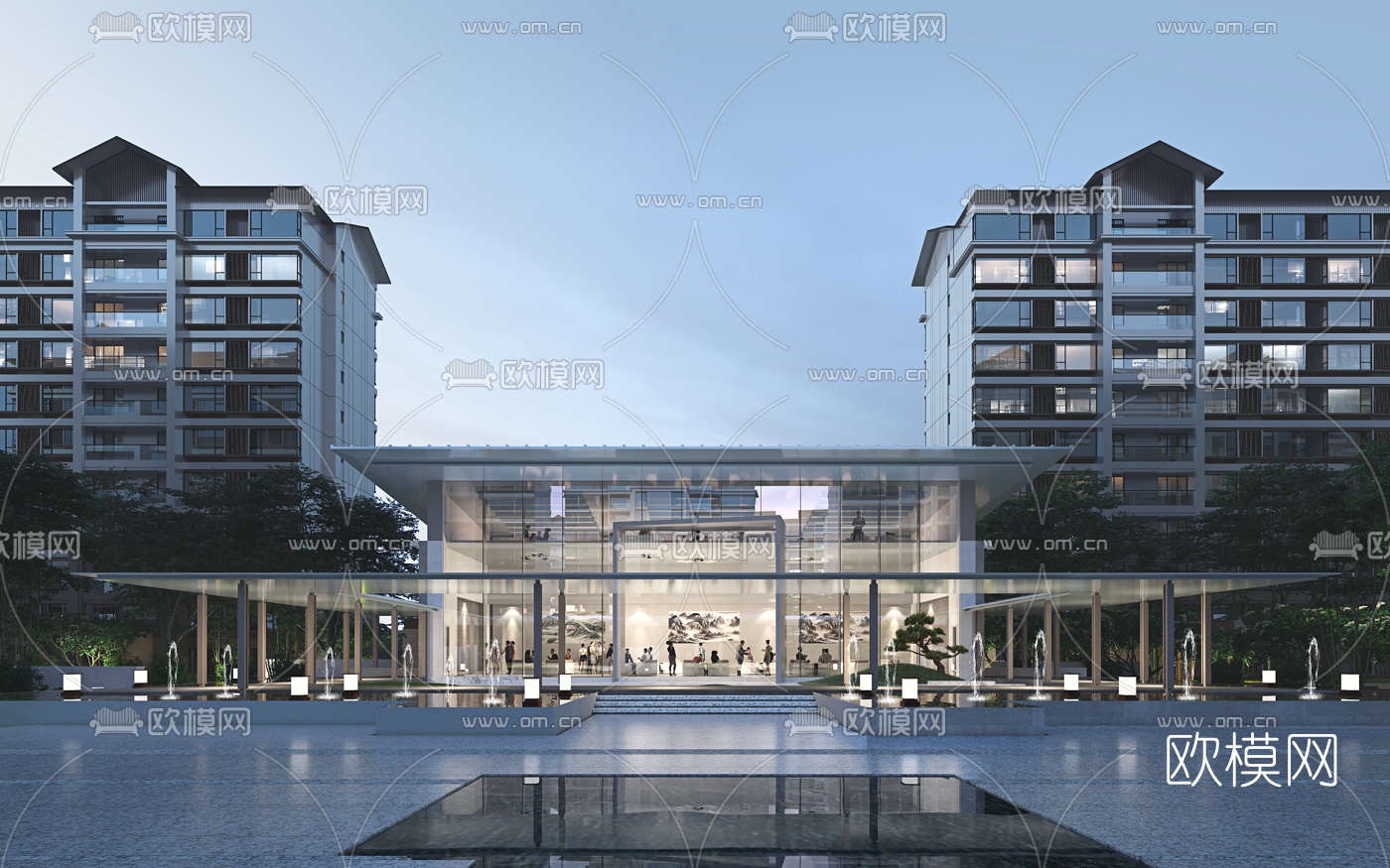 新中式售楼处外观夜景3d模型