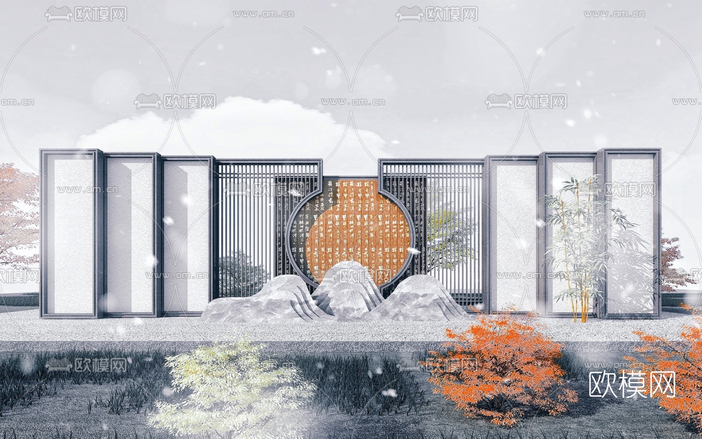 新中式园林景观墙3d模型下载