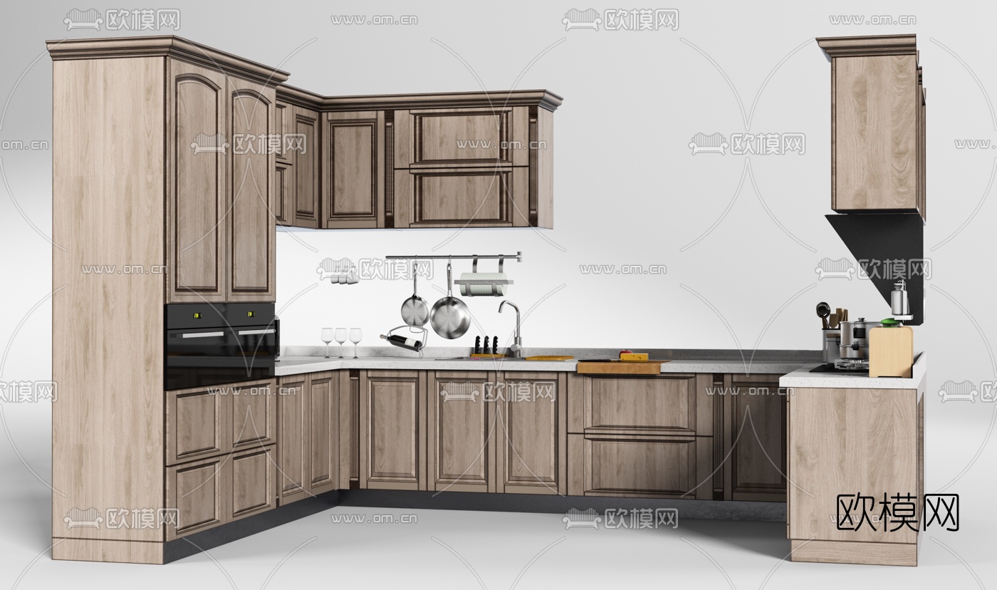 北欧原木转角橱柜3d模型下载