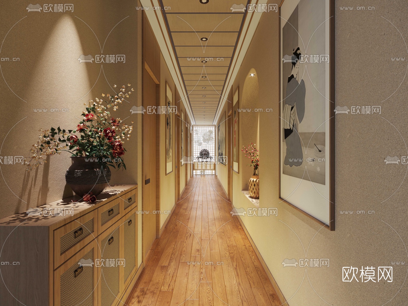 日式美容会所过道3d模型下载（渲染图1）