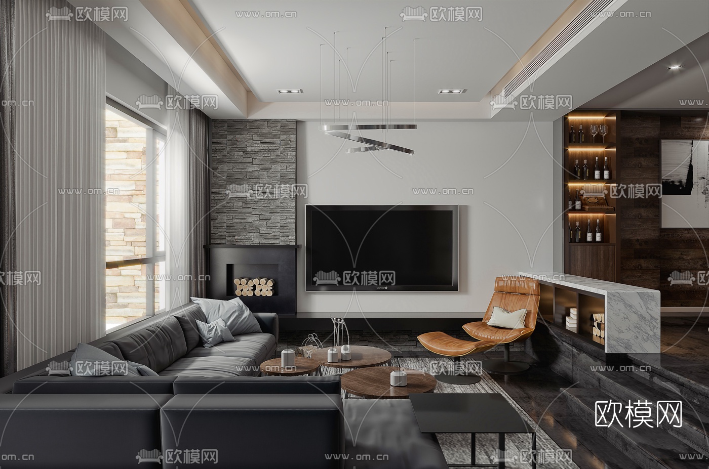 现代跃式客厅餐厅3d模型