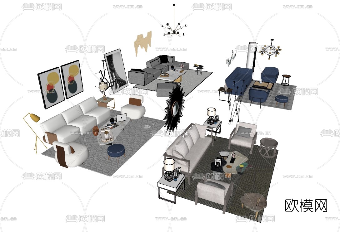 现代布艺组合沙发su模型下载（渲染图3）