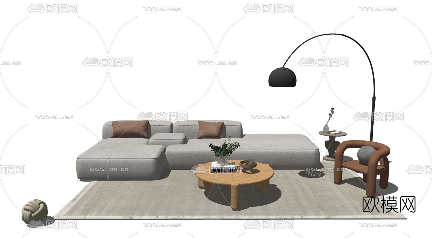 北欧布艺转角沙发组合su模型下载