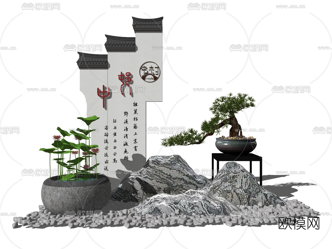 新中式徽派景墙泰山石荷花小品su模型