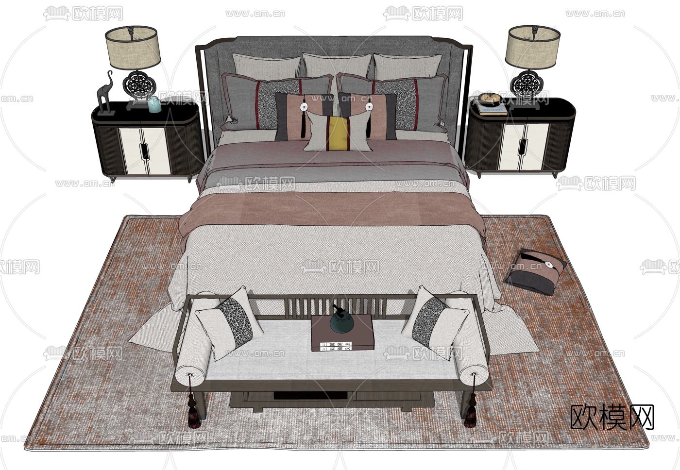 新中式布艺双人床su模型下载（渲染图1）