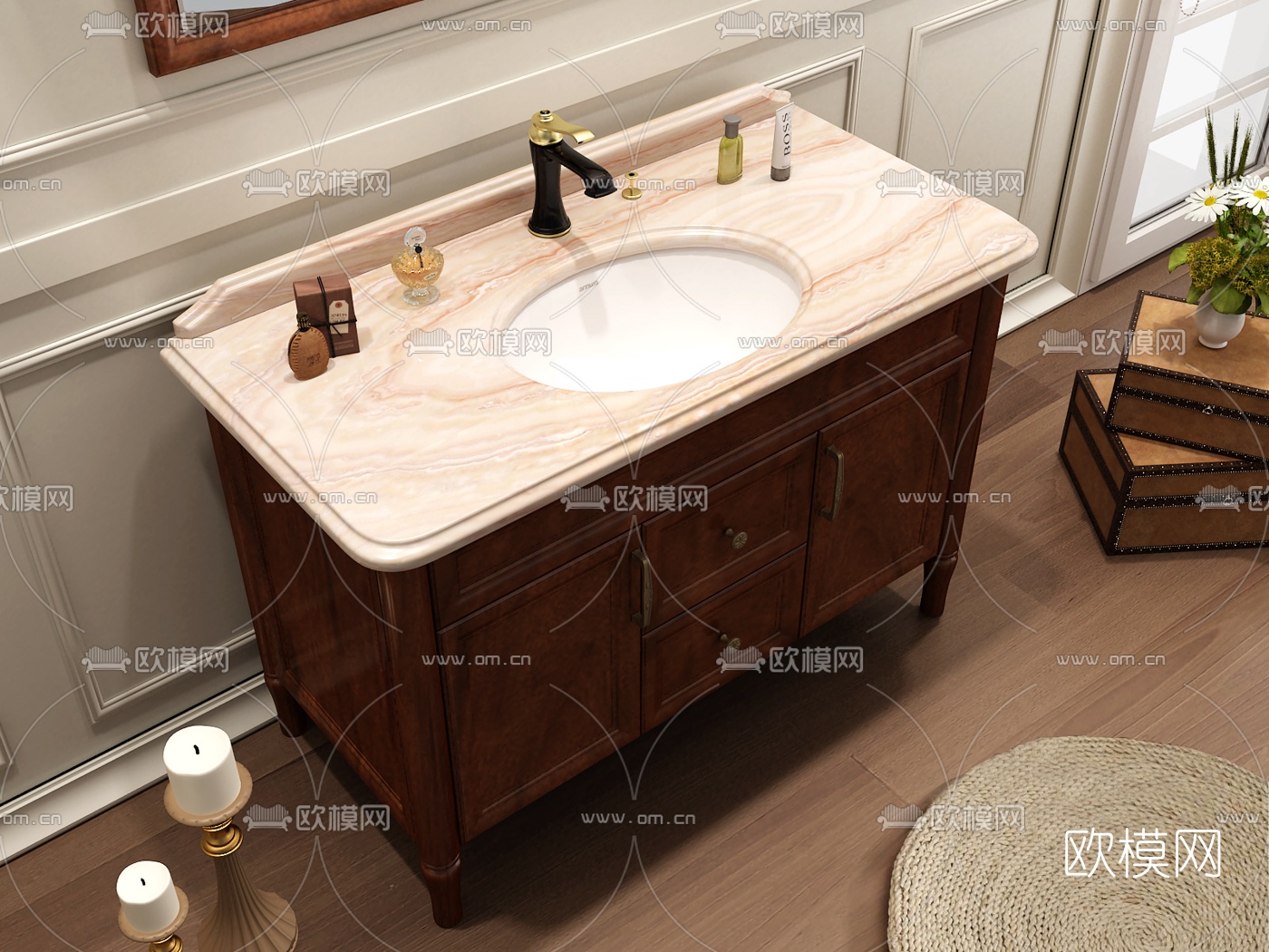 美式浴室柜洗手盆免费3d模型下载（渲染图3）