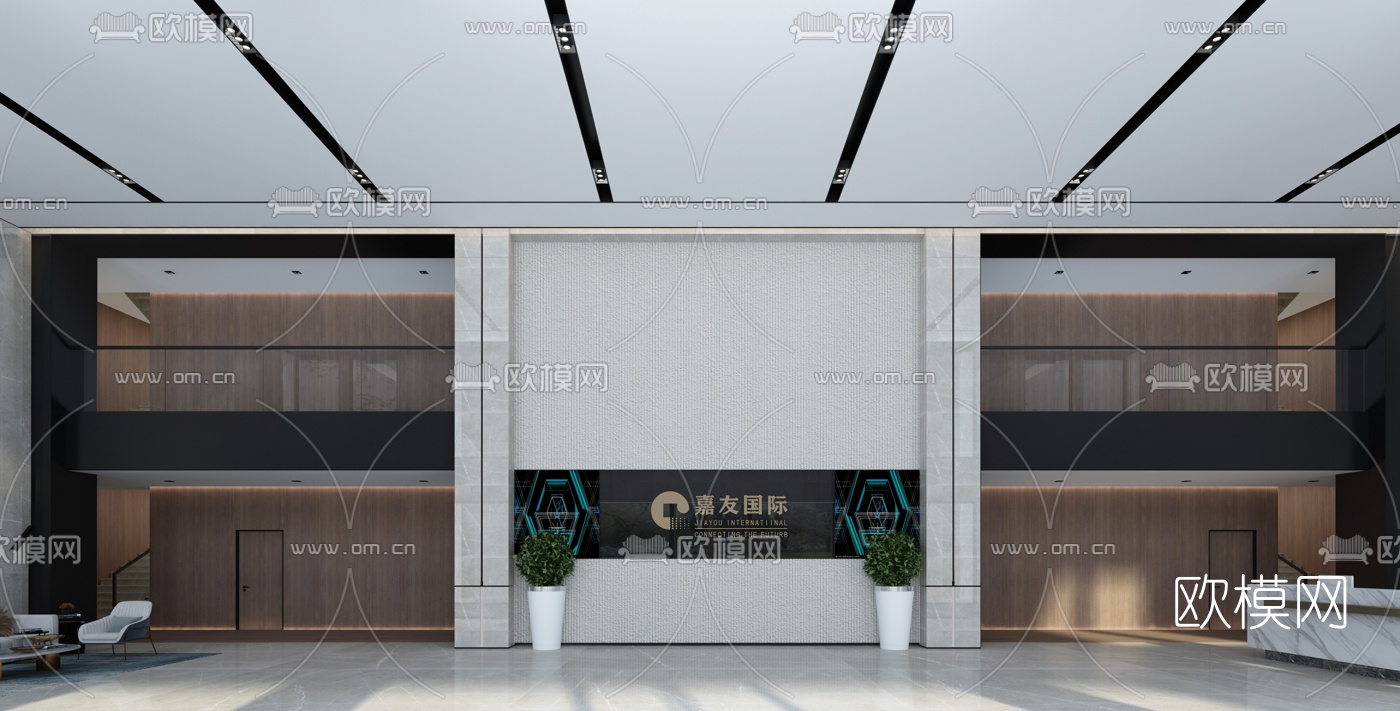 现代办公楼大堂3d模型下载（渲染图2）