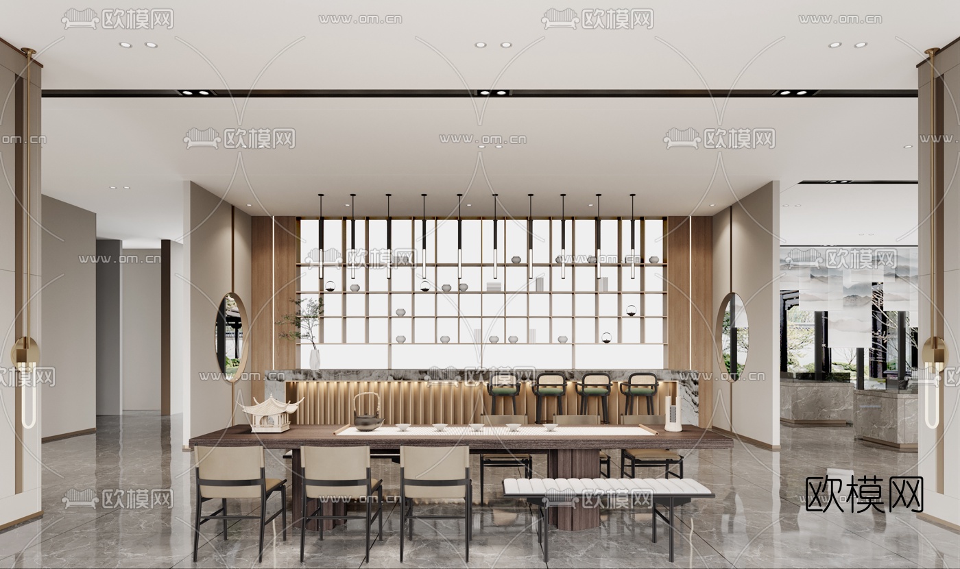 新中式售楼处洽谈区3d模型下载（渲染图2）