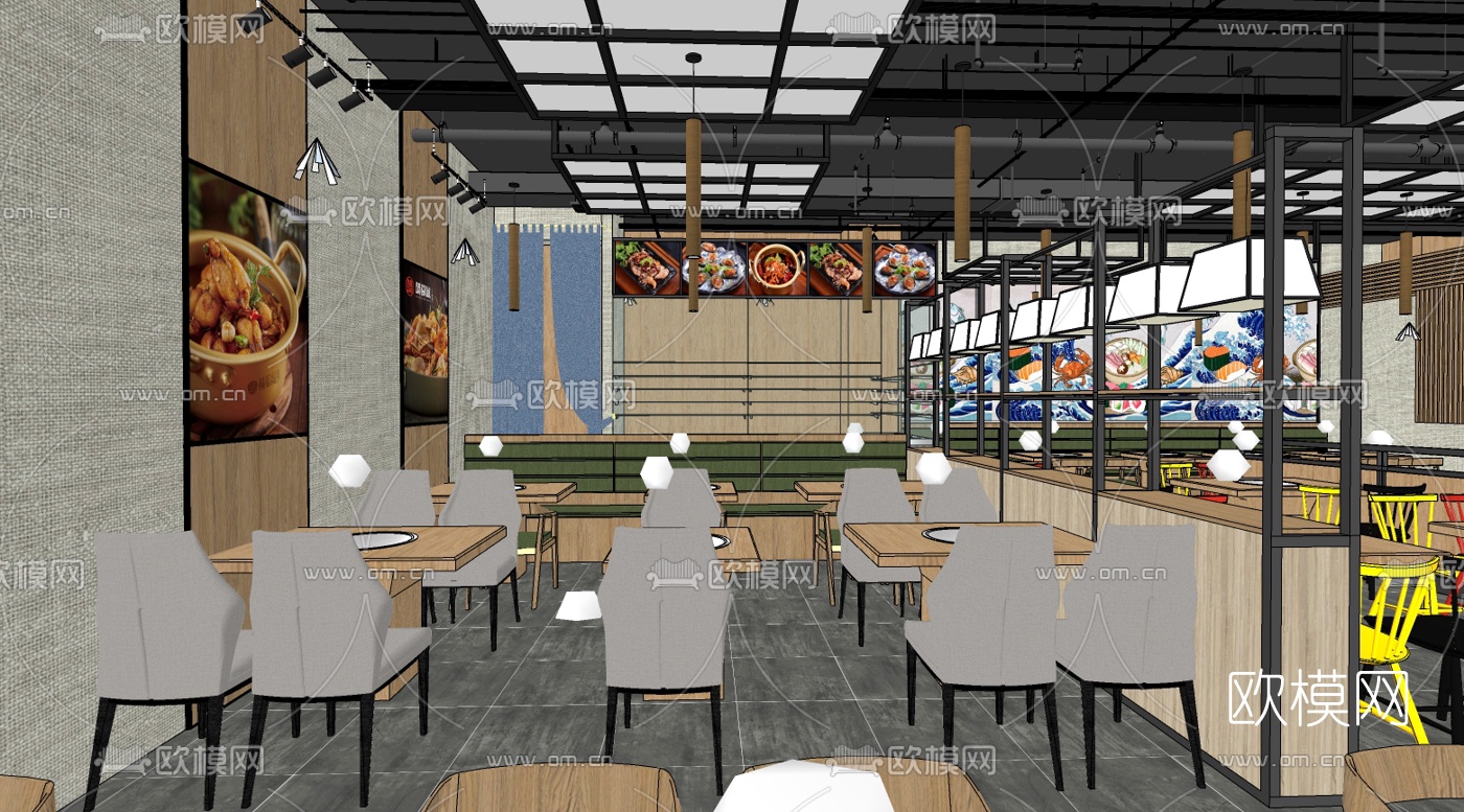 工业风海鲜自助餐厅su模型
