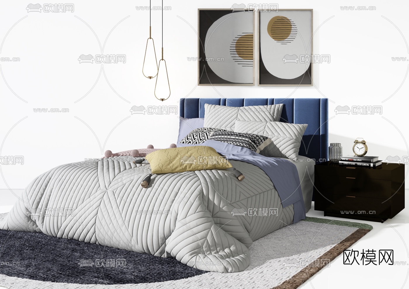 现代布艺单人床床头柜3d模型下载