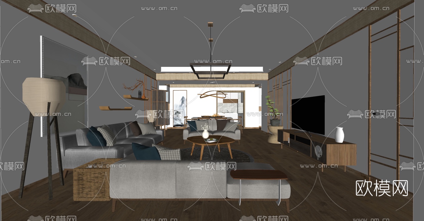日式客厅餐厅su模型下载（渲染图1）