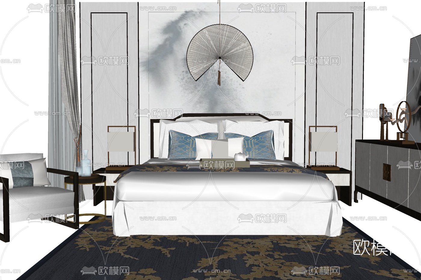 新中式布艺双人床su模型下载