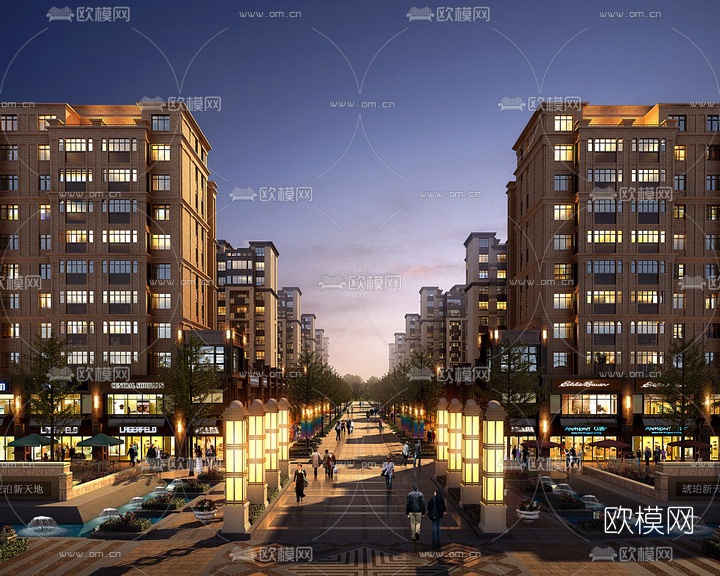 现代住宅小区商业街外观免费3d模型下载（渲染图1）