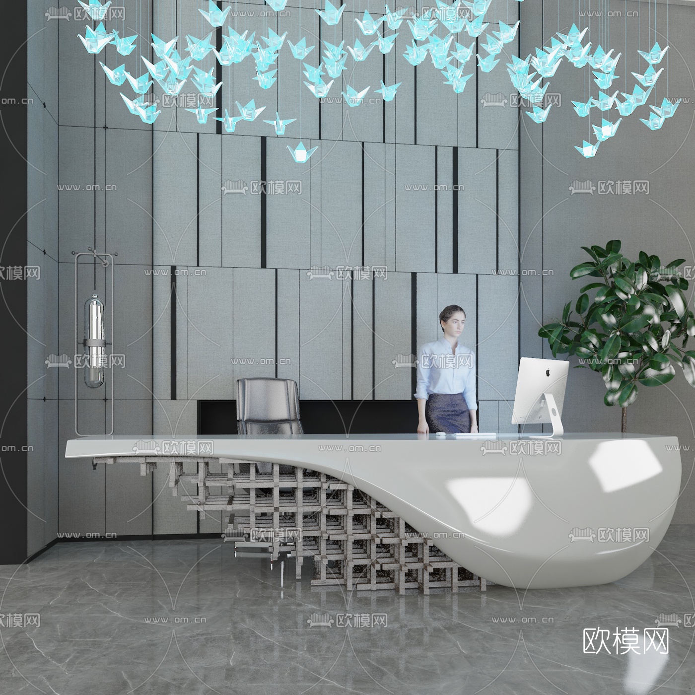 现代办公前台su模型下载（渲染图1）