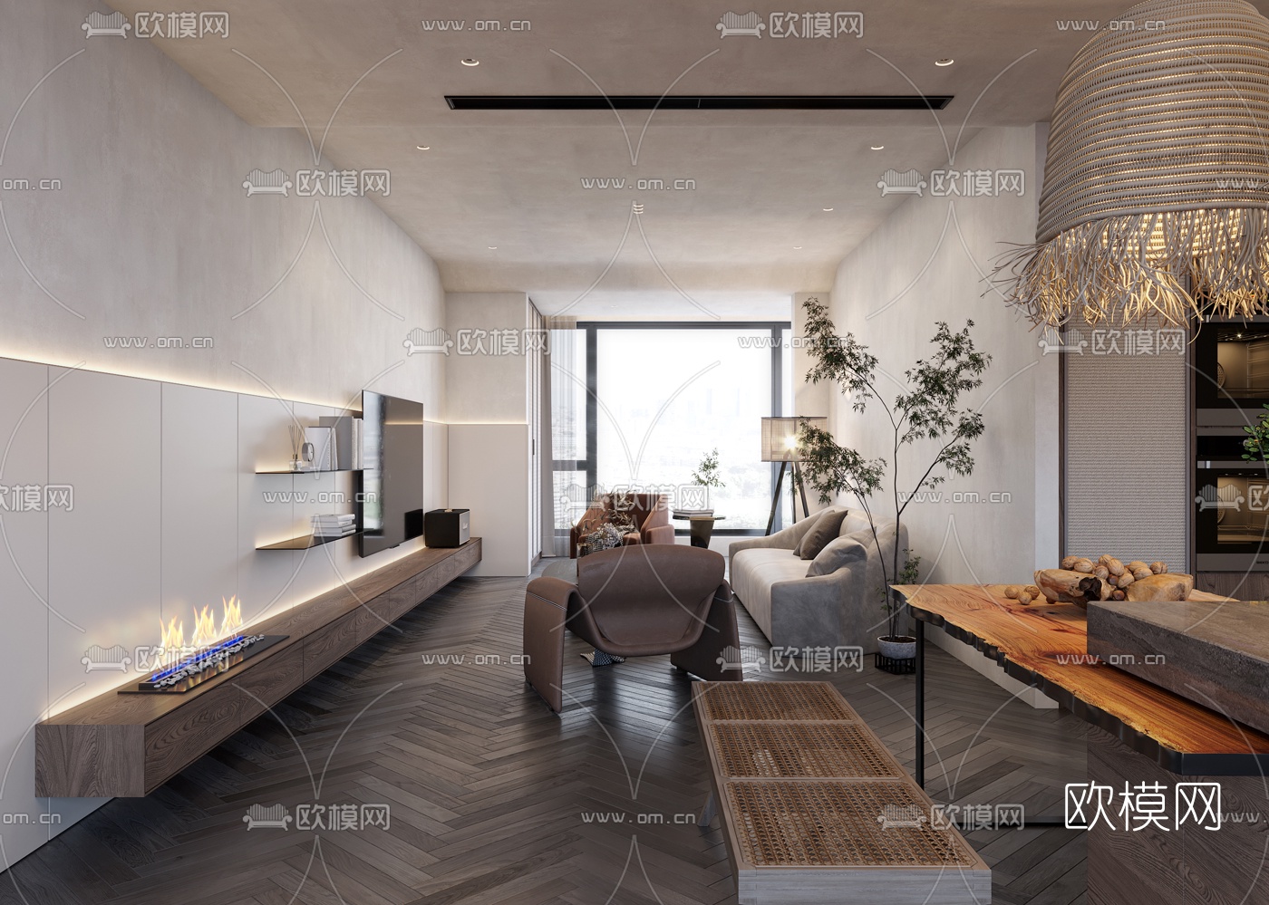 现代高级灰客厅餐厅3d模型