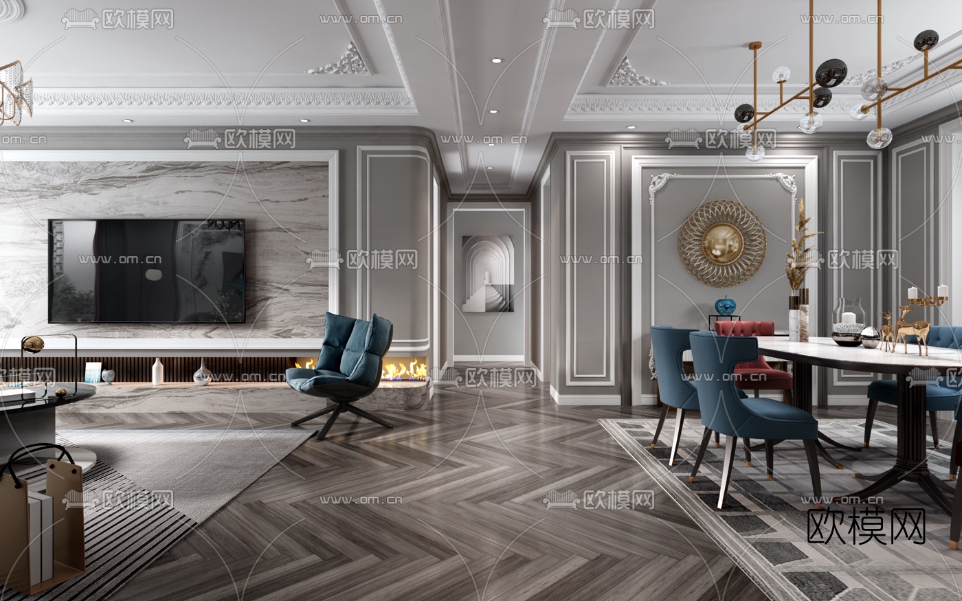 简欧客厅餐厅3d模型下载（渲染图4）