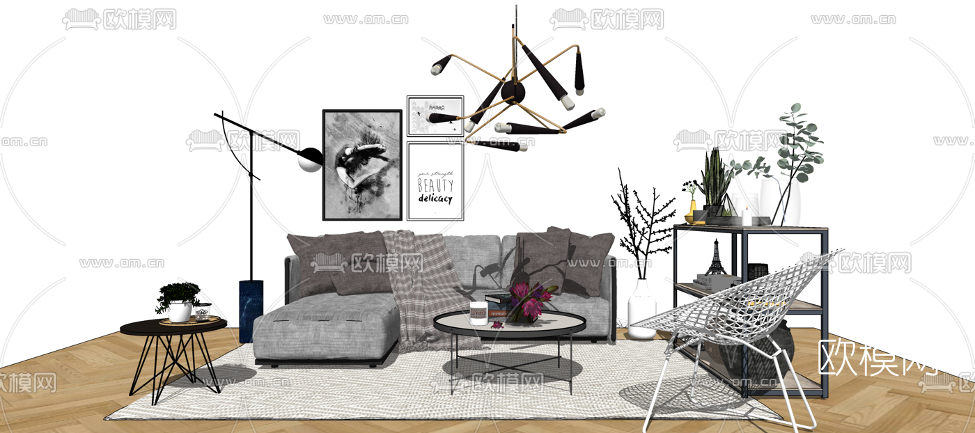 北欧布艺组合沙发su模型下载